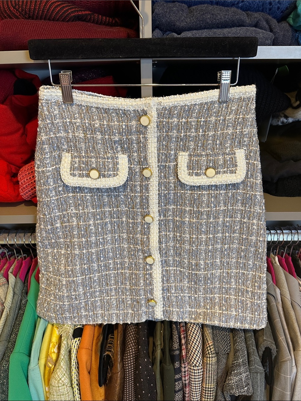 Versona white/blue/taupe with silver metallic thread tweed mini skirt size 2 NWT